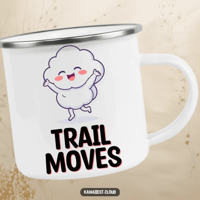Funny camping mug showing a cloud character dancing energetically, perfect for outdoor drinks with a humorous, joyful vibe.