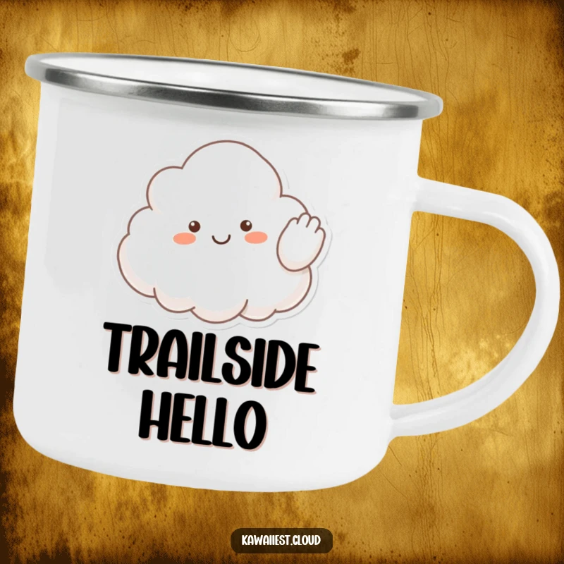 Funny camping mug featuring a happy cloud character waving a fluffy arm hello, perfect for friendly outdoor greetings.