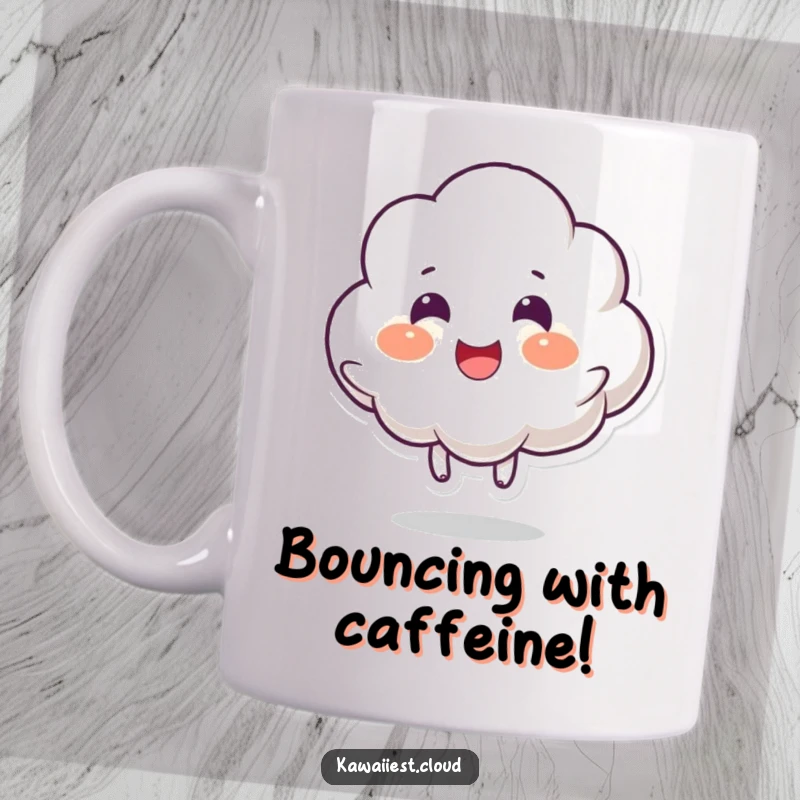 Funny mug with a cloud character doing a little joyful bounce, expressing pure happiness and energy, perfect for a cheerful start.