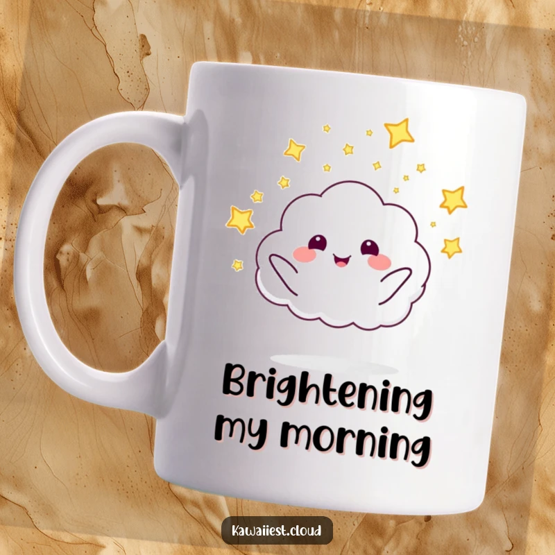 Smiling funny cloud character enthusiastically launching tiny, glowing fireflies into the night sky on this mug.