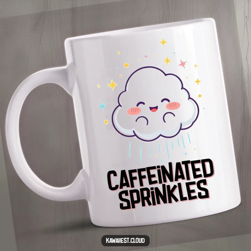 Funny Joyful Cloud Rain Mug: A happy cloud character showers delightful glittery rain, bringing a touch of magic and joy.