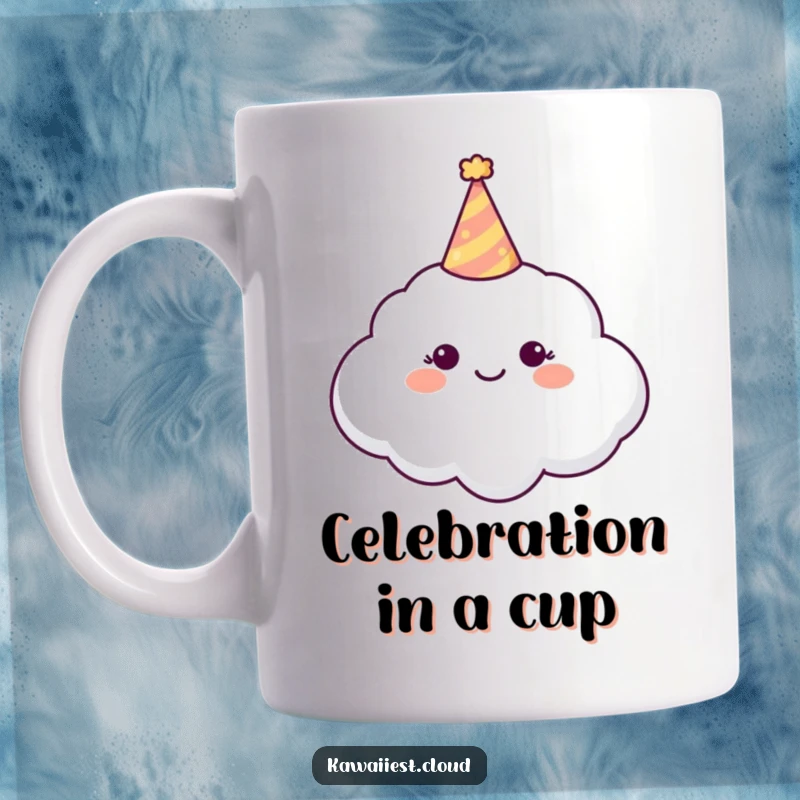 Funny Mug featuring a happy cloud character wearing a small, colorful party hat, radiating joy and celebration.
