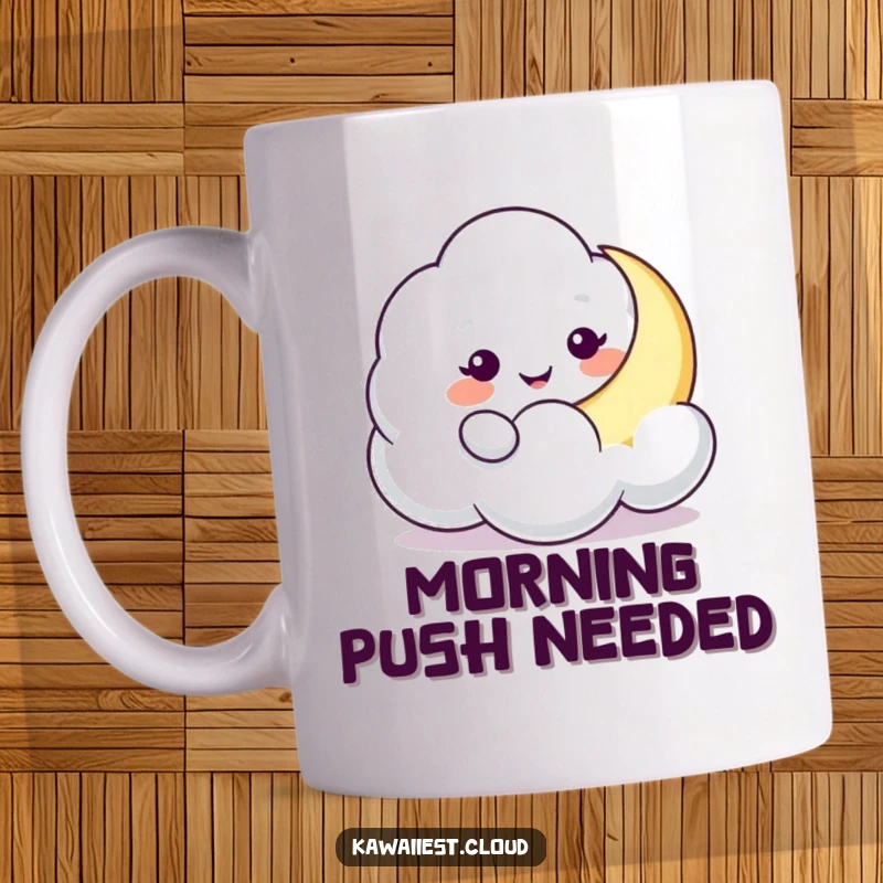 Funny Cloud Moon Nudge Mug: A playful cloud character gently nudges a crescent moon, creating a soft and humorous celestial scene.