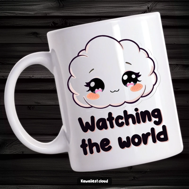 Funny Curious Cloud Mug: A cute cloud character with big, twinkling eyes peers down inquisitively, bringing whimsical charm.