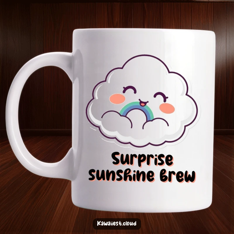 Funny Cloud Mug: A surprised cloud character looks with delight at a tiny, smiling rainbow it has discovered, radiating joy.