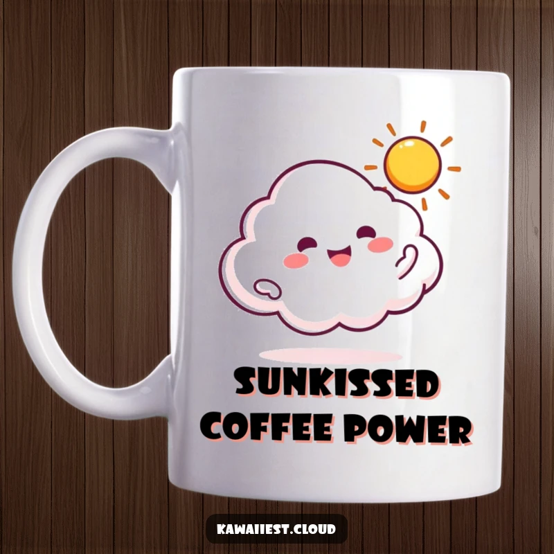 Funny mug featuring a cloud character gleefully spinning a tiny, bright sun with a mischievous smile.