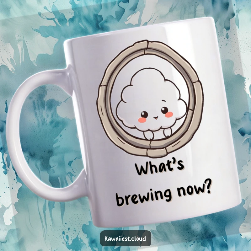 Funny mug featuring a curious cloud character peeking through a large, mysterious keyhole, evoking intrigue and humor.