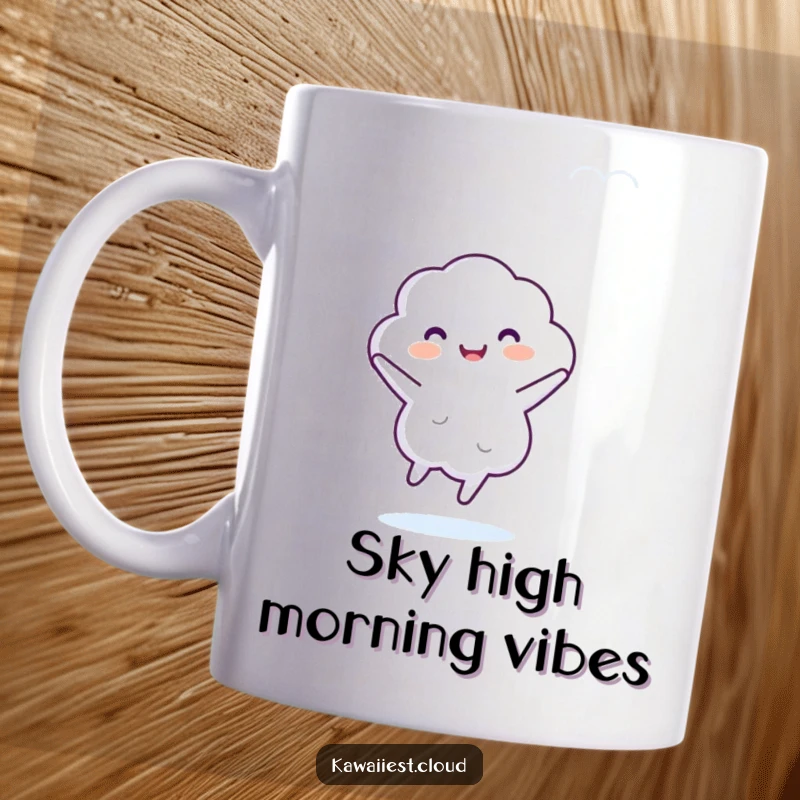 Funny mug featuring a cheerful cloud character joyfully dancing in the sky, radiating happiness and positive vibes.