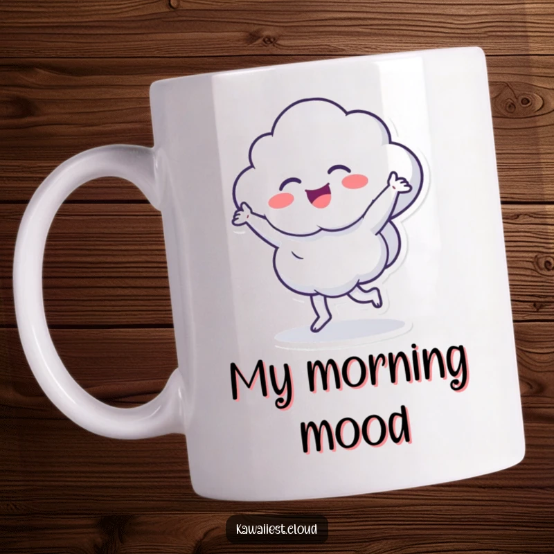 Funny mug featuring a delighted, energetic cloud character doing a fun dance, radiating pure joy and excitement.