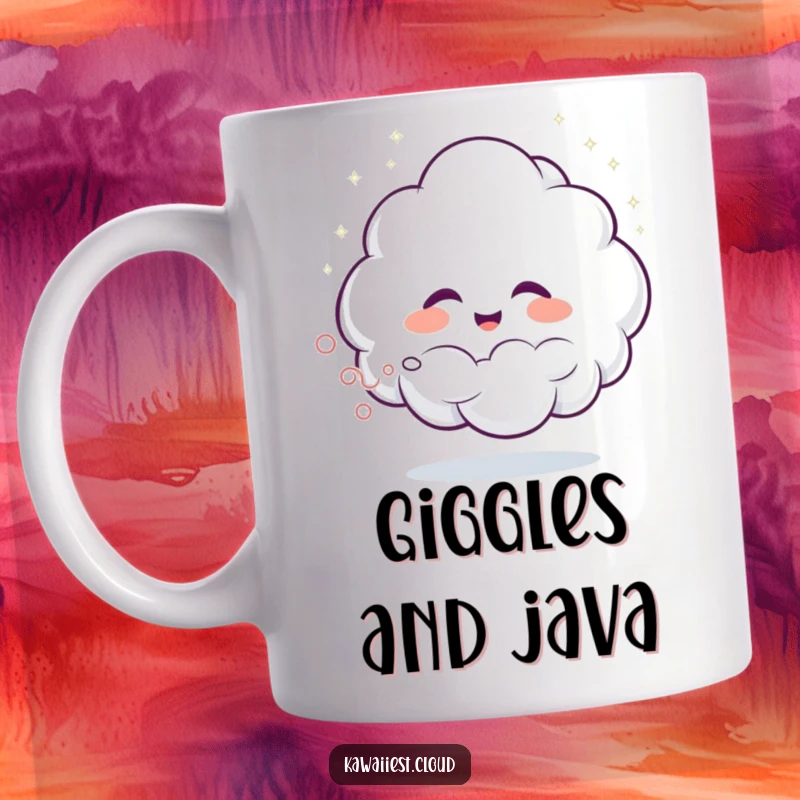 Funny mug featuring a giggling cloud character joyfully spraying a whimsical, glittering mist, spreading happiness and magic.