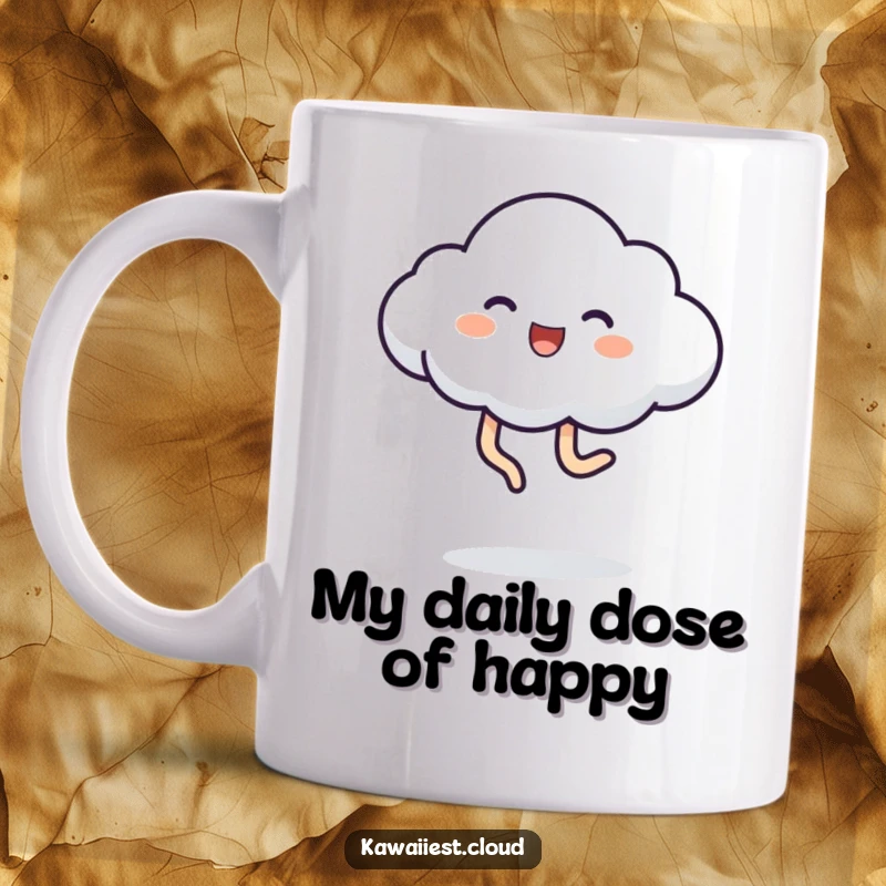 Funny Mug of a playful cloud character with legs kicking high in the air, jumping with pure, unadulterated joy and energy.