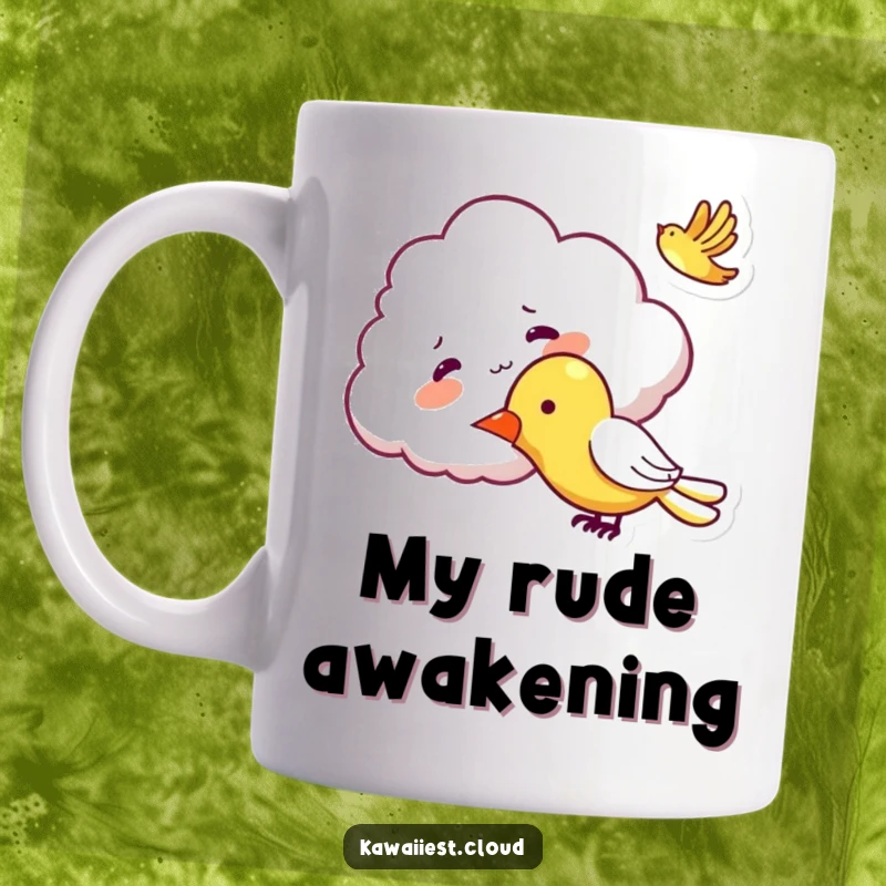 Funny Mischievous Cloud Mug: A playful cloud character cheekily tickling the wing of a passing airplane.