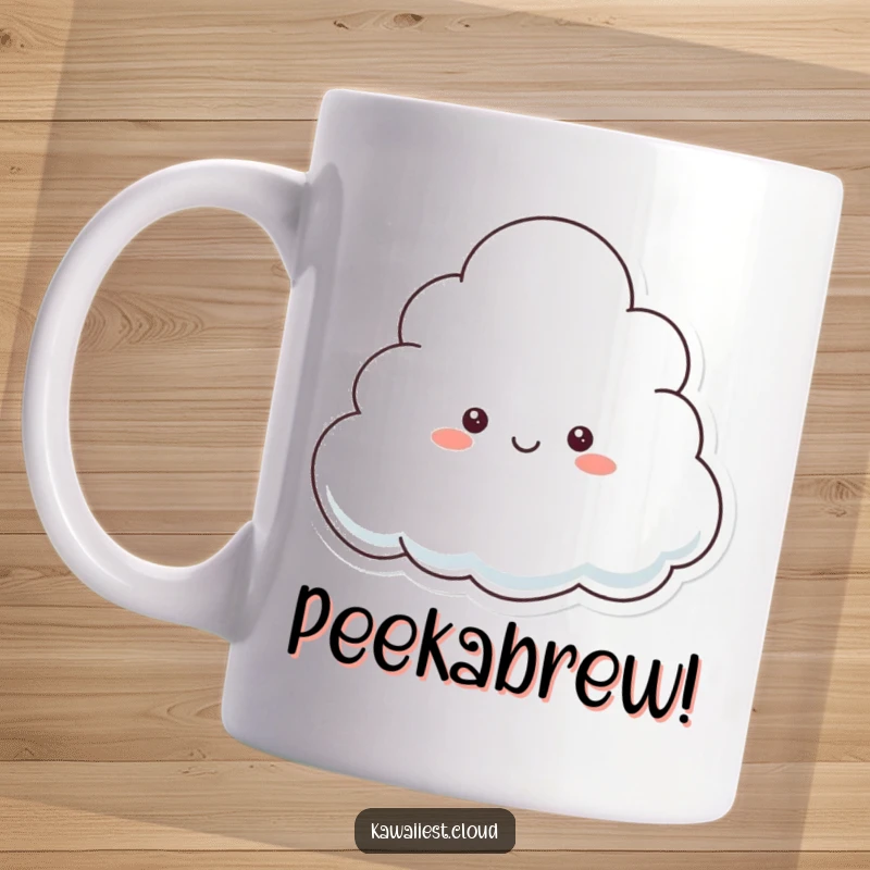 Funny Mug featuring a playful cloud character peeking from behind a larger cloud, full of mischievous charm.