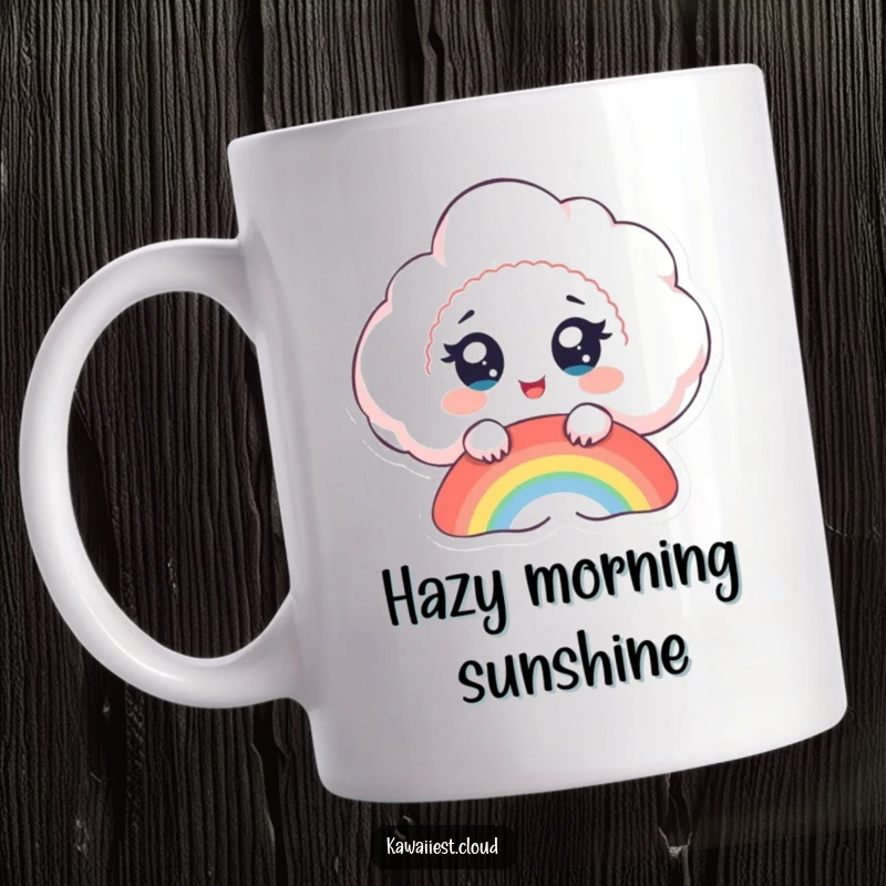 Funny cloud mug, a delighted cloud with big eyes watches a rainbow form, expressing awe and happiness.
