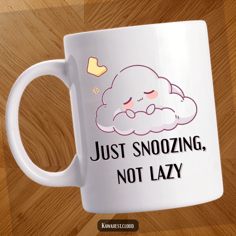 Funny sleepy cloud character drifting peacefully in a dream on a white mug, perfect for coffee lovers.