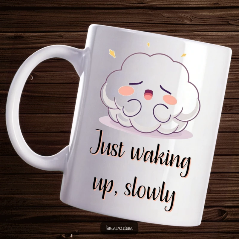 Funny sleepy cloud mug character yawning widely with eyes closed, surrounded by soft yellow light, conveying pure contentment and relaxation.