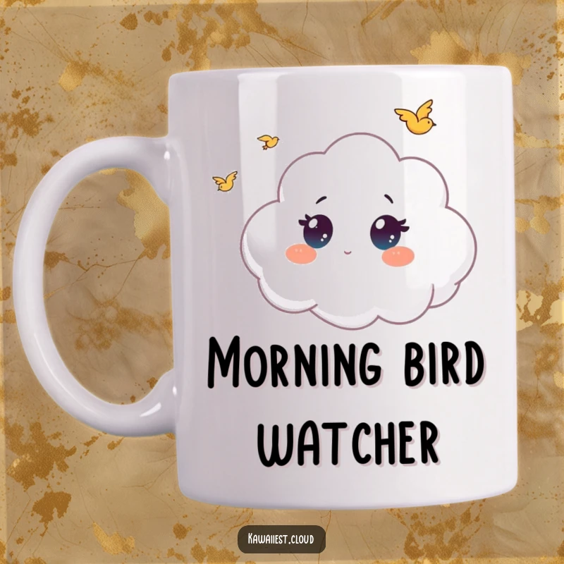 Funny mug featuring a curious cloud character with large, wide eyes, attentively watching tiny birds soaring through the sky.