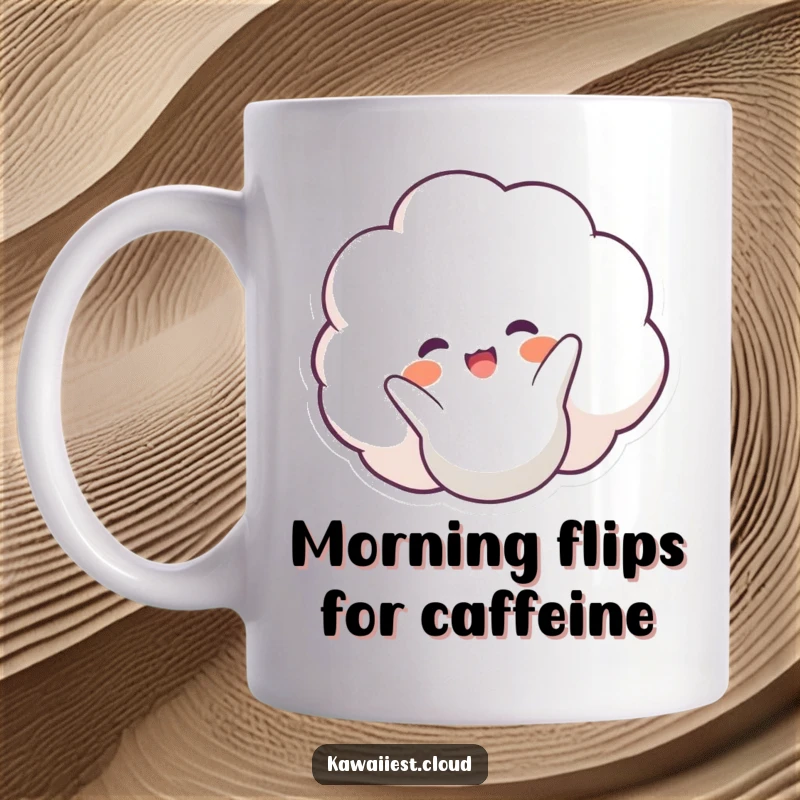 Funny Happy Cloud Mug: A joyful, smiling cloud character doing a graceful somersault, radiating pure happiness and energy.