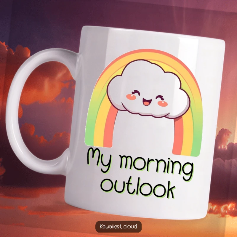 Funny Mug: A delighted cloud character happily creating a perfect, vibrant rainbow arch, bringing color and joy.