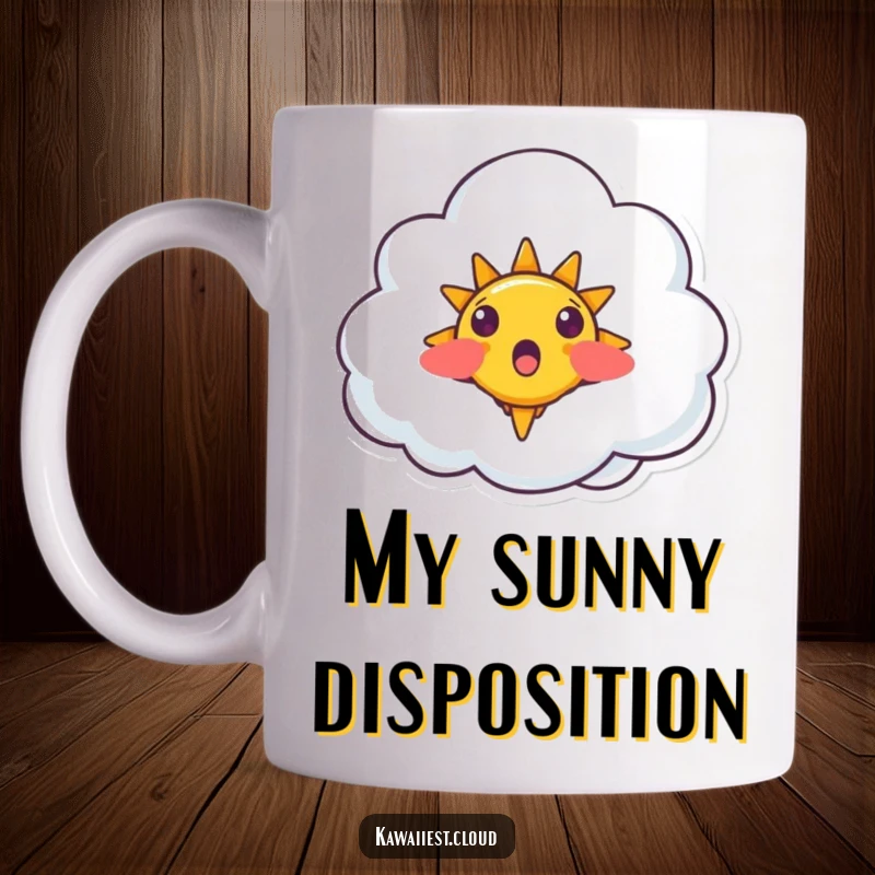 Funny Surprised Cloud Mug: A wide-eyed, surprised cloud character with a tiny, happy smiling sun sprouting from its top.