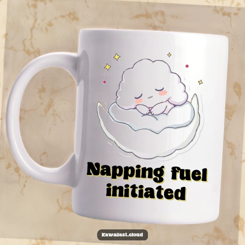 Funny mug depicting a content cloud character peacefully napping on a fluffy crescent moon, radiating tranquility and humor.