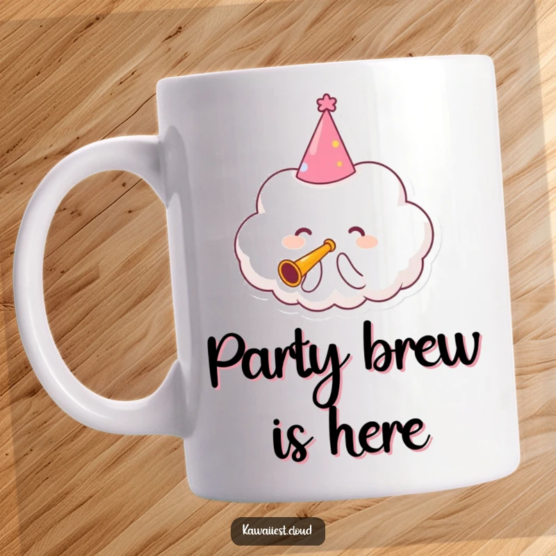 Funny Mug featuring a happy cloud character in a party hat, joyfully blowing a tiny trumpet to announce festivities.