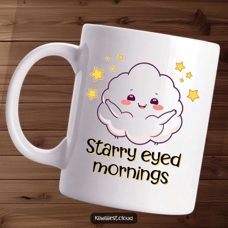 Funny mug featuring a cheerful cloud character gleefully juggling tiny, sparkling stars, radiating pure joy and wonder.