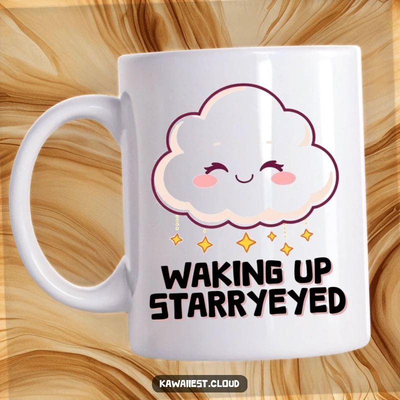 Funny Mug: A smiling cloud character winking playfully while dropping tiny, shimmering stars, creating magic.