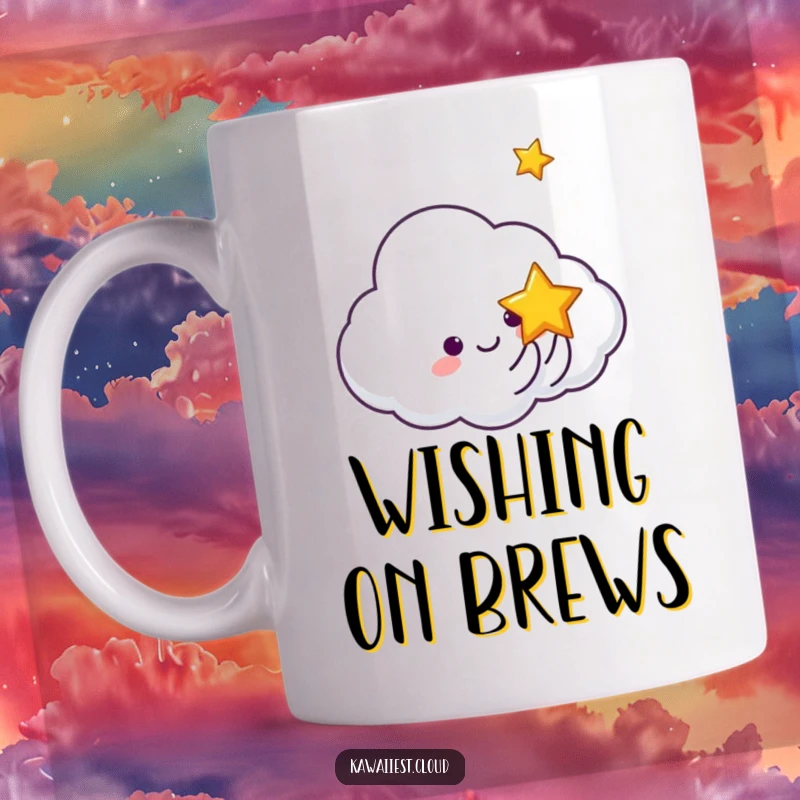 Funny mug featuring a cloud character joyfully tossing a miniature, smiling star high into the air.