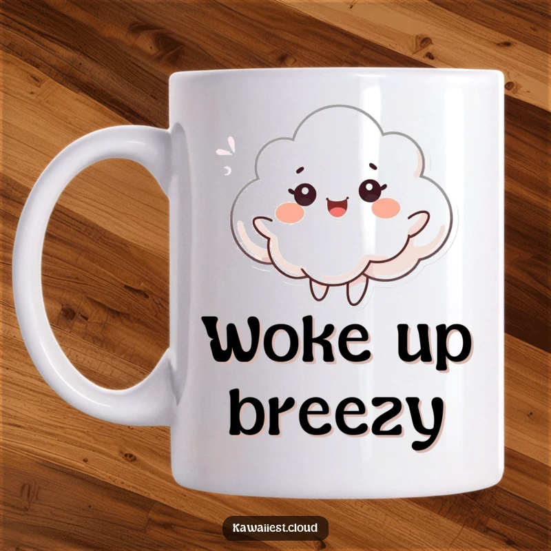 Funny mug featuring a cloud character with wide, joyful eyes, gracefully dancing in a gentle, depicted breeze. Whimsical and uplifting.