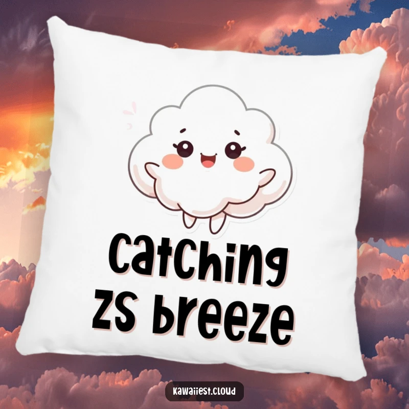 Funny pillow featuring a cloud character dancing with eyes full of joy, surrounded by a gentle breeze. Comfortable and whimsical.