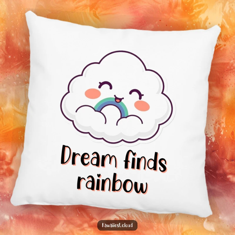 Funny Cloud Pillow: A soft pillow featuring a cloud with surprised delight at discovering a tiny, smiling rainbow, offering comforting joy.