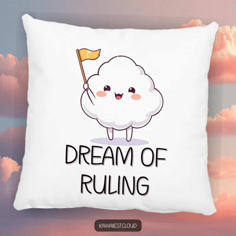 Funny Pillow: A fluffy cloud character happily waving a tiny, shimmering flag, bringing joy and a welcoming feel.