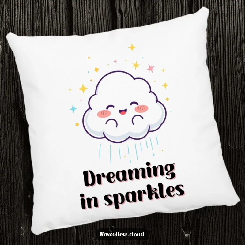 Funny Joyful Cloud Rain Pillow: A plush pillow featuring a joyful cloud character showering glittery rain, perfect for cozy magic.