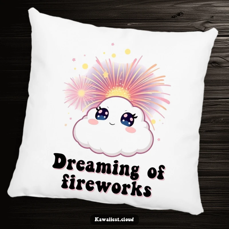 Funny Cloud Pillow decorated with a character's wide eyes, watching a magical firework bloom, adding comfort and wonder.