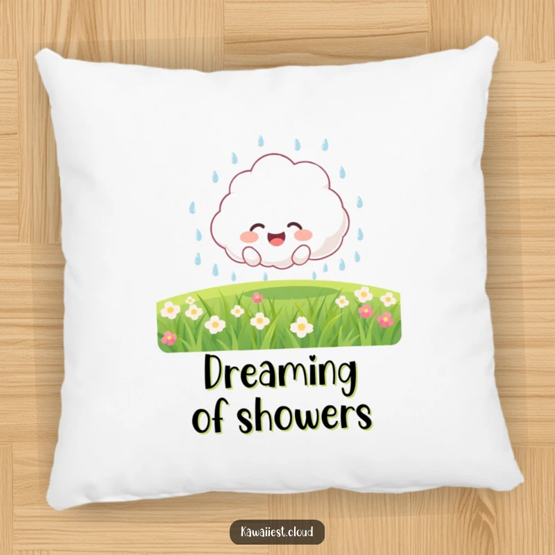 Funny Pillow: Joyful fluffy cloud character showering a field with gentle rain, adding a touch of cozy humor.