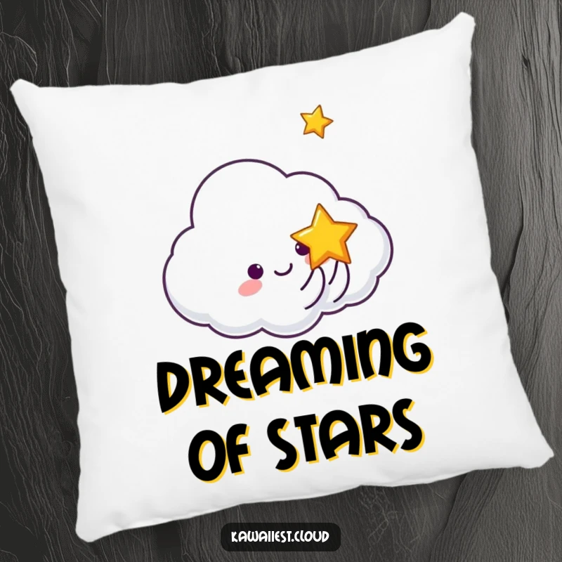 Funny pillow depicting a cloud character merrily tossing a tiny, smiling star, perfect for celestial comfort.