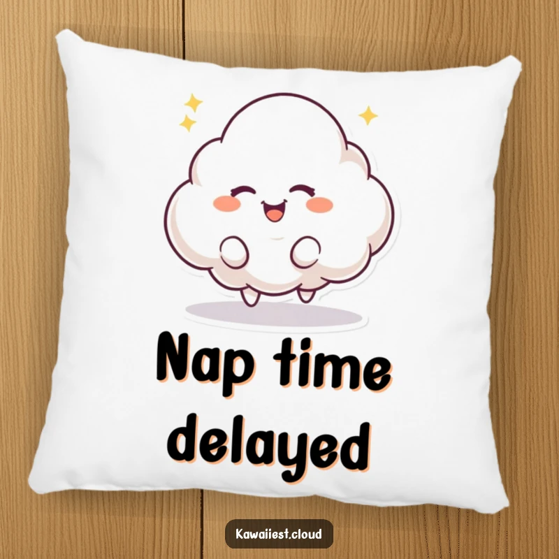 Funny pillow featuring a playful cloud character with a mischievous twinkle, bouncing with excitement. Soft and whimsical.