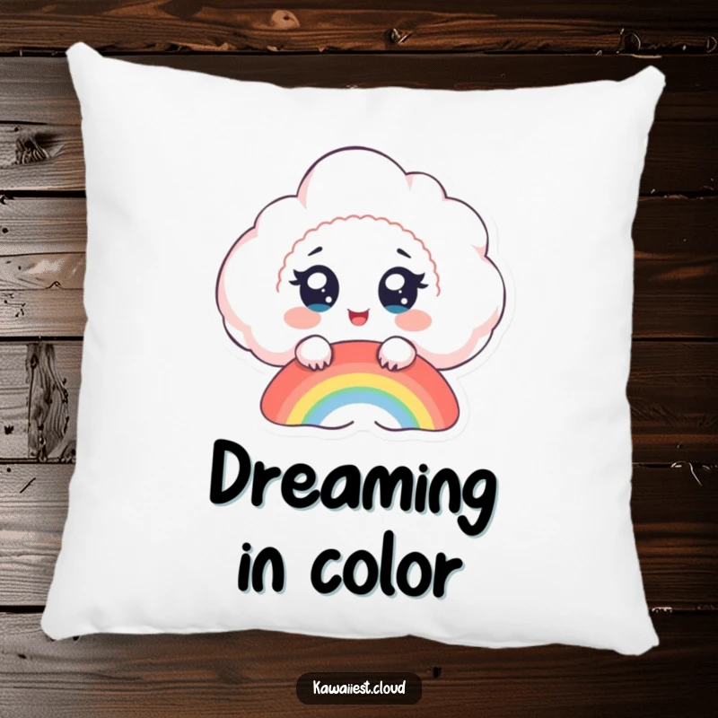 Funny cloud pillow, a delighted cloud with big eyes watches a rainbow form, soft and humorous decor.