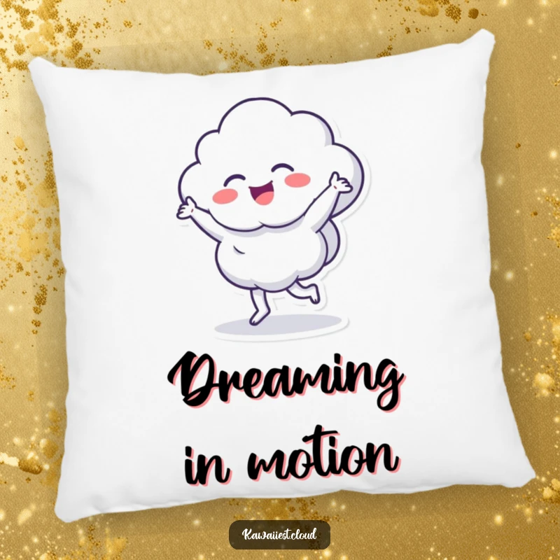 Funny pillow decorated with a cloud character engaged in an energetic, happy dance, perfect for adding humor to relaxation.