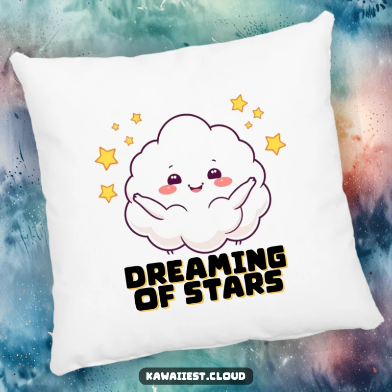 Funny pillow featuring a cloud character juggling sparkling stars, offering cozy comfort with a whimsical and humorous celestial theme.