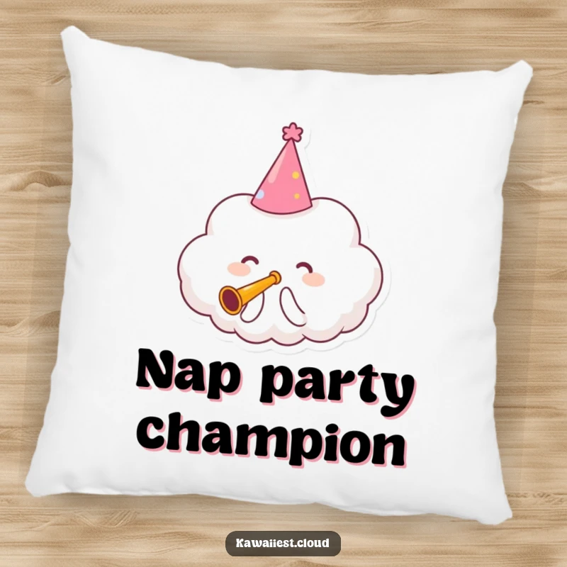 Funny Pillow featuring a happy cloud character wearing a party hat and playing a tiny, musical trumpet.