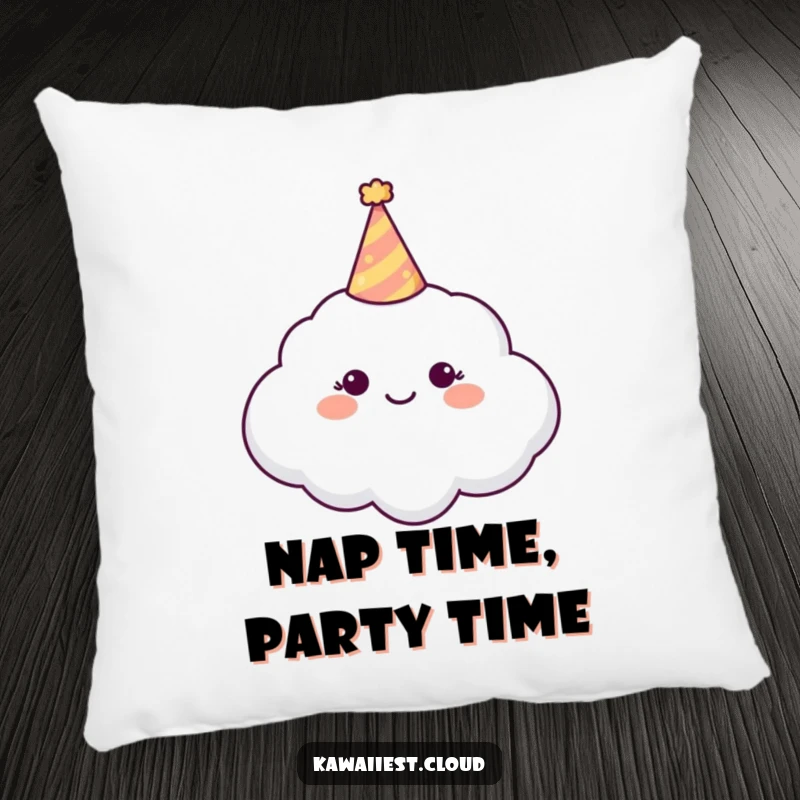 Funny Pillow featuring a happy cloud character wearing a small, festive party hat, adding comfort and cheer.