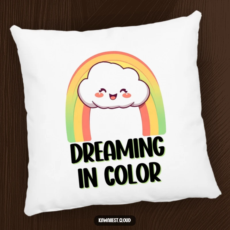 Funny Pillow: Delighted cloud character creating a perfect, vibrant rainbow arch, adding colorful comfort.