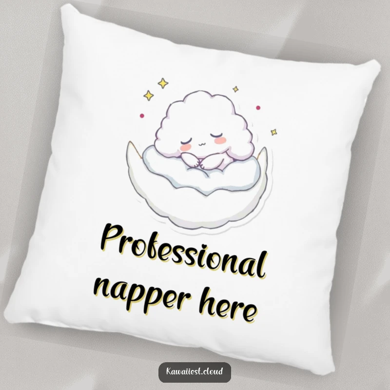 Funny pillow featuring a cloud character napping on a crescent moon, perfect for adding comfort and a humorous, sleepy touch.