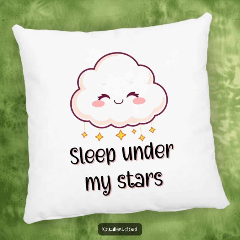 Funny Pillow: Smiling cloud character winking and dropping tiny, shimmering stars, adding celestial comfort.