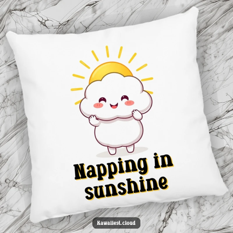 Funny Pillow: Happy cloud character holding and sharing a large, golden sunbeam, offering cozy comfort and light.