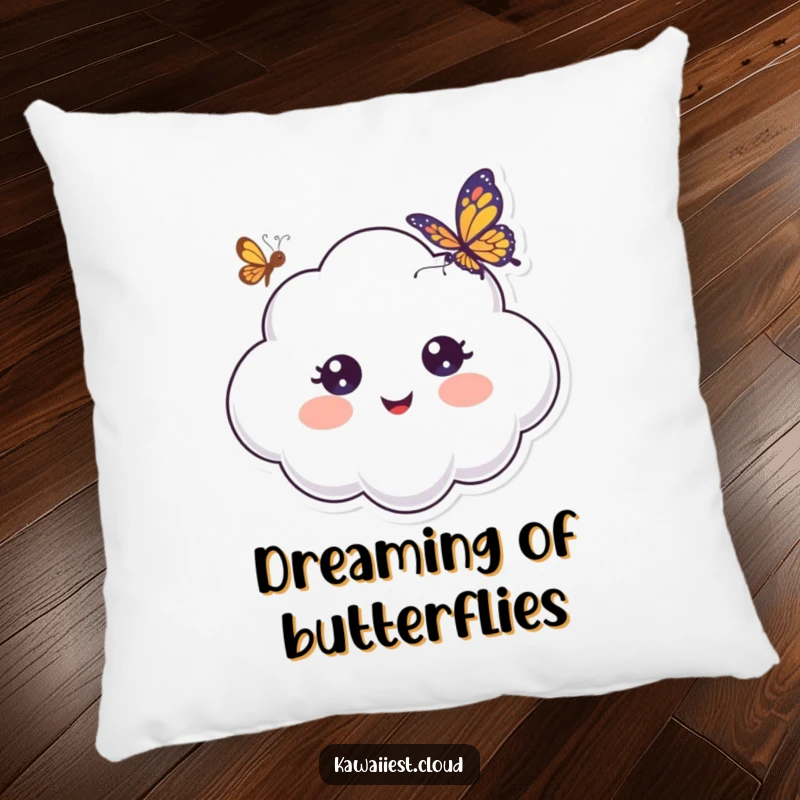 Funny Pillow featuring a cheerful cloud character with big, surprised eyes, gazing at a nearby butterfly, offering comfort.