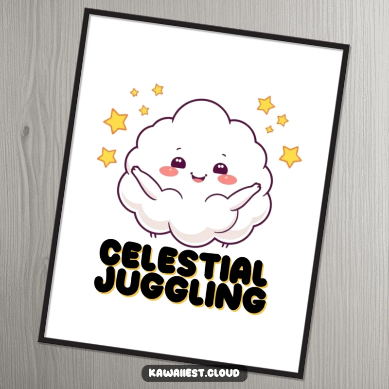 Funny digital art print of a cloud character juggling sparkling stars, offering magical humor and enchanting visual appeal.