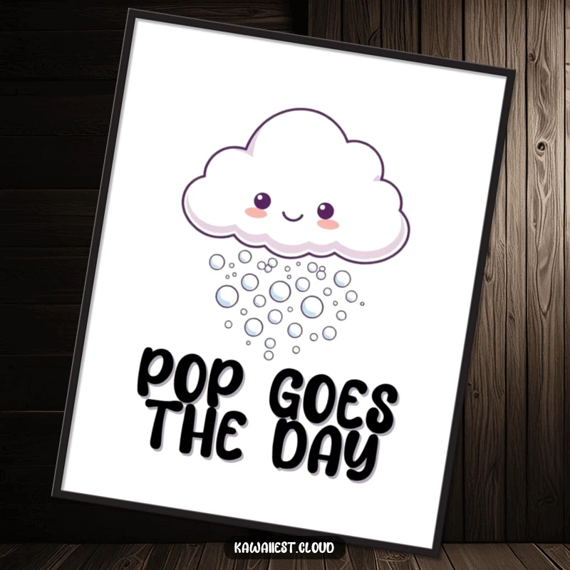 Funny Digital Art Print of a cloud character gently releasing a stream of tiny, shimmering, iridescent bubbles.